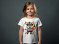 Child wearing white t-shirt with cartoon fox character in basketball shorts and Spurs logo.