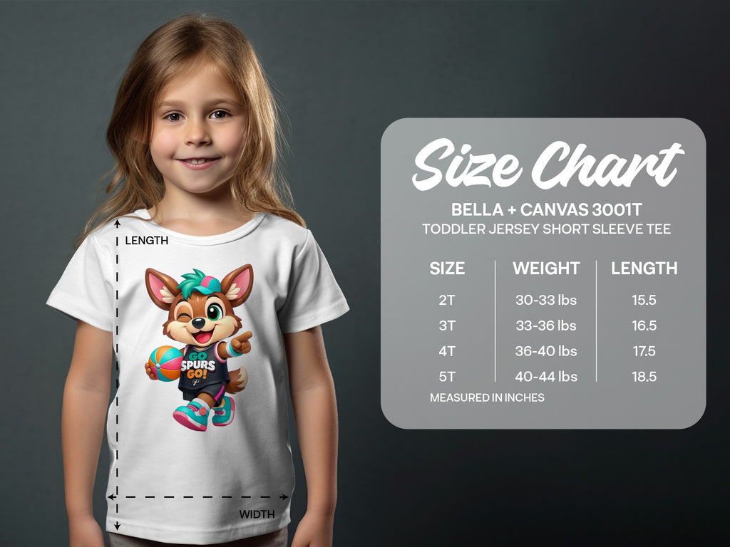 Toddler size chart for BELLA + CANVAS 3001T t-shirts with measurements.