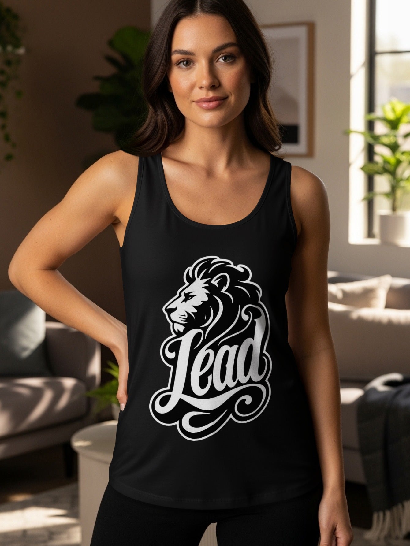 Black tank top with a white lion head graphic and the word "Lead".