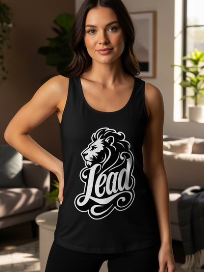 Black tank top with a white lion head graphic and the word "Lead".