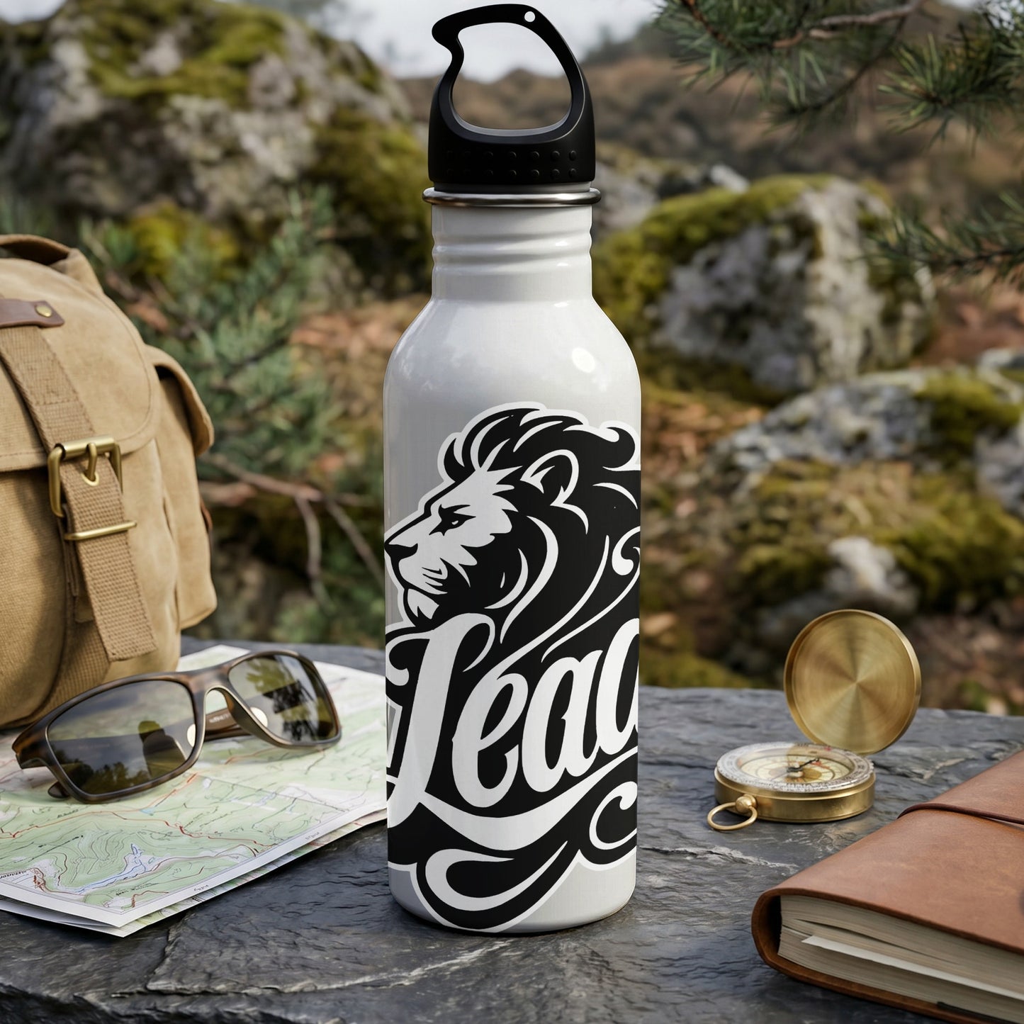 White water bottle with black lion logo, text "Lead", outdoor adventure scene.