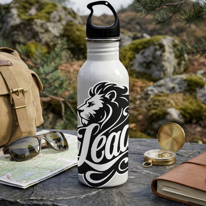 White water bottle with black lion logo, text "Lead", outdoor adventure scene.