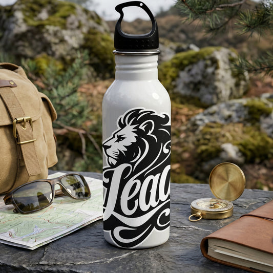 White water bottle with black lion logo, text "Lead", outdoor adventure scene.