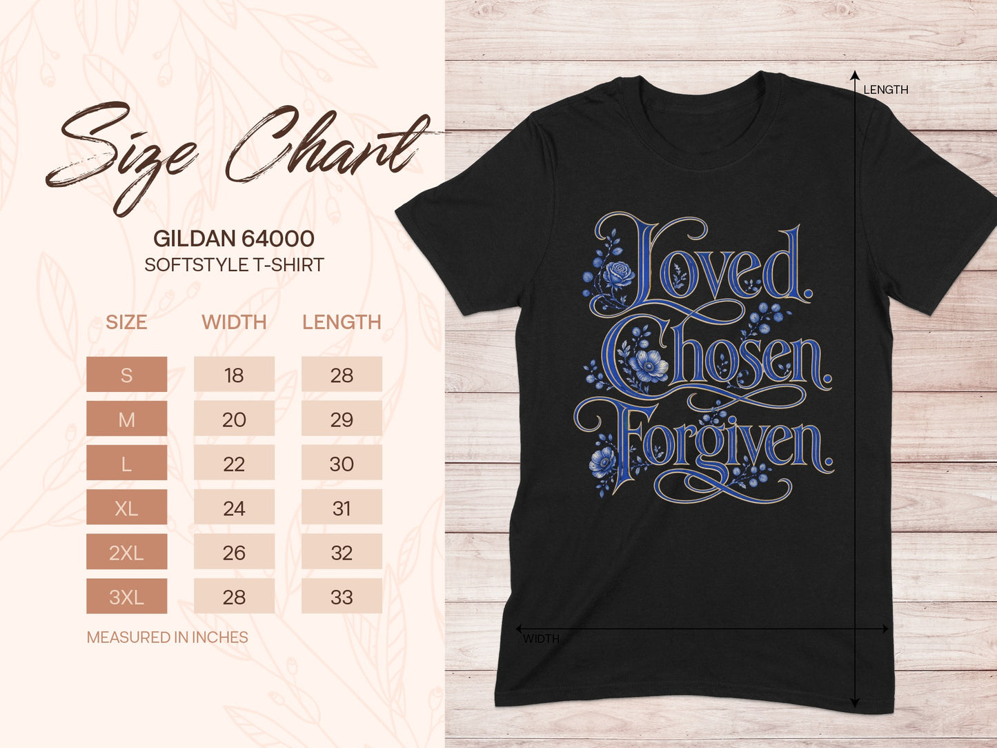 Gildan 64000 softstyle t-shirt size chart with dimensions.