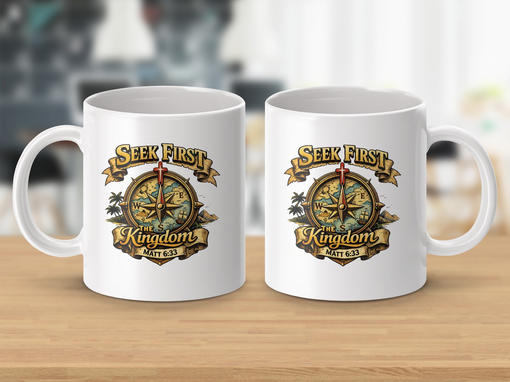 White mugs with "Seek First The Kingdom" and Bible verse Matt 6:33 design.