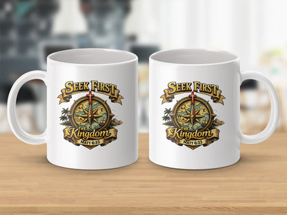 White mugs with "Seek First The Kingdom" and Bible verse Matt 6:33 design.