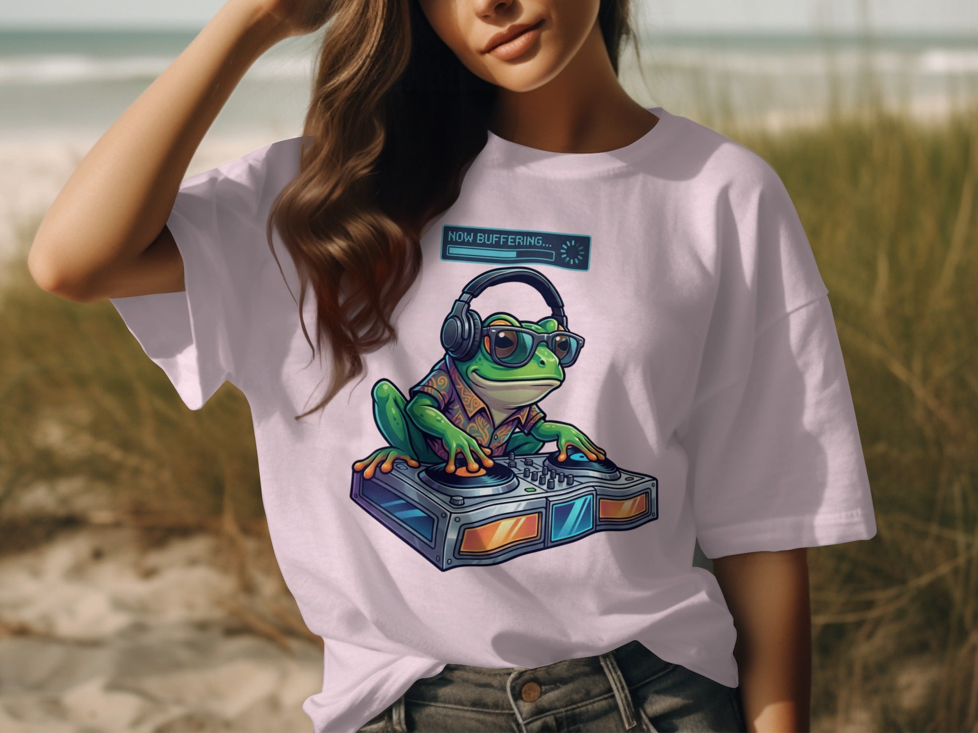 Green cartoon frog wearing headphones and sunglasses DJs on turntables with "NOW BUFFERING..." text.