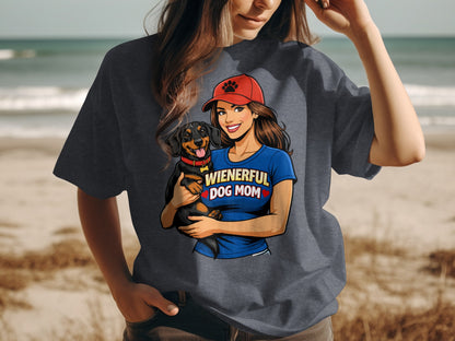 Woman wearing a dark grey t-shirt with "Wienerful Dog Mom" text and a dachshund.
