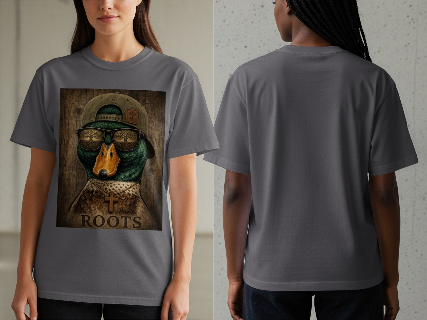 Duck wearing sunglasses and baseball cap with "ROOTS" text and cross necklace.