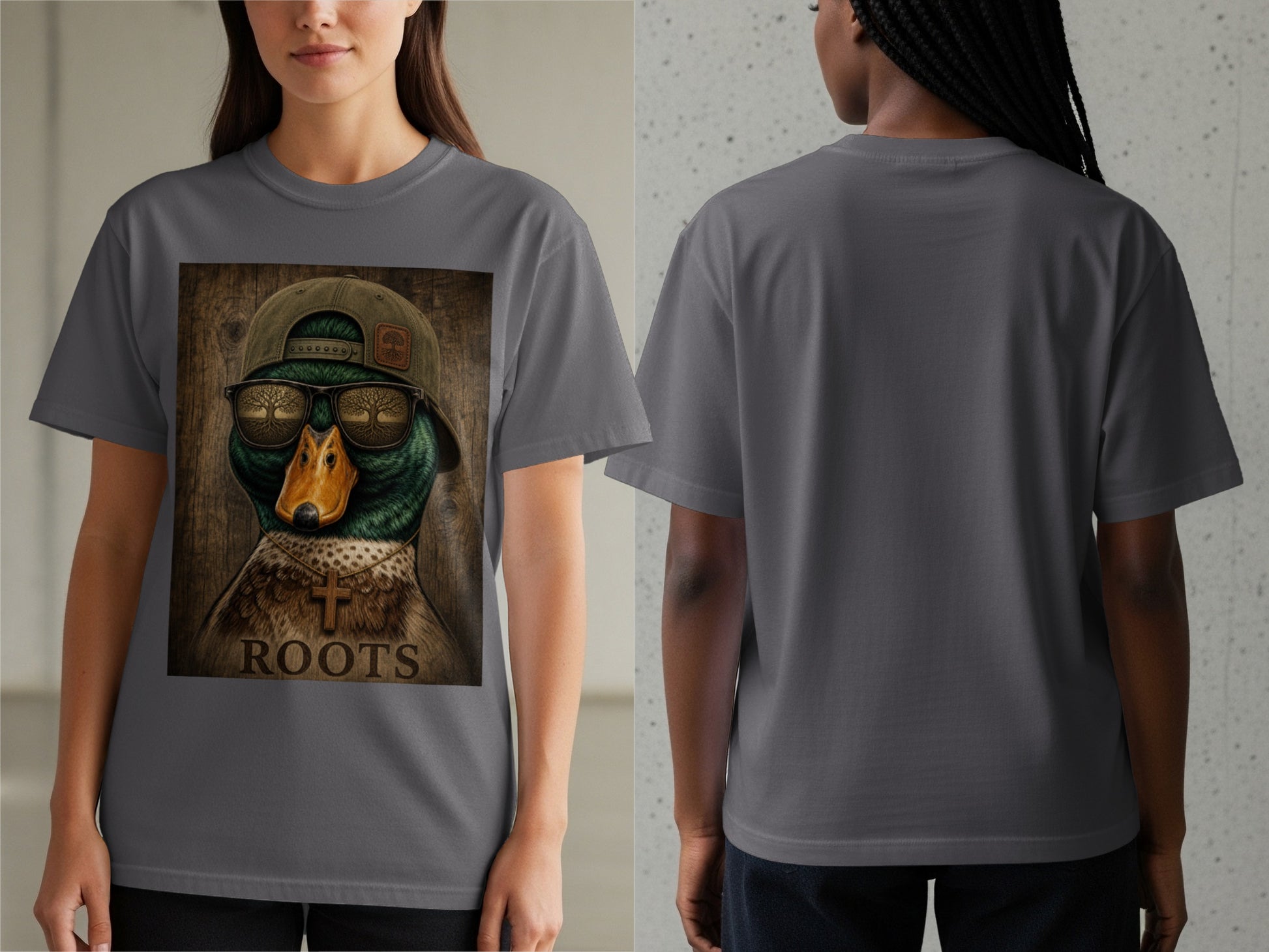 Duck wearing sunglasses and baseball cap with "ROOTS" text and cross necklace.