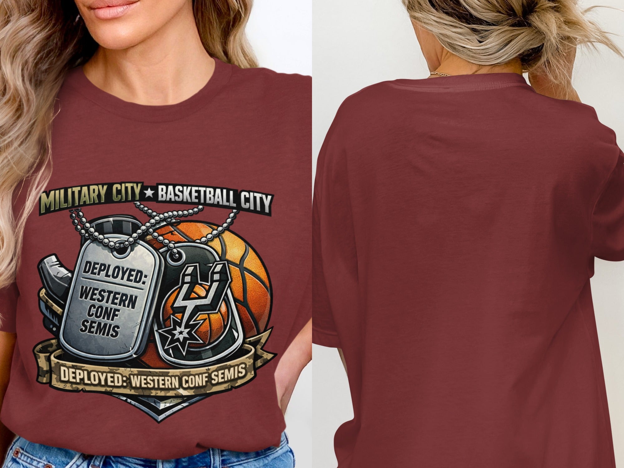Maroon t-shirt with basketball graphic and dog tags that say "DEPLOYED: WESTERN CONF SEMIS".