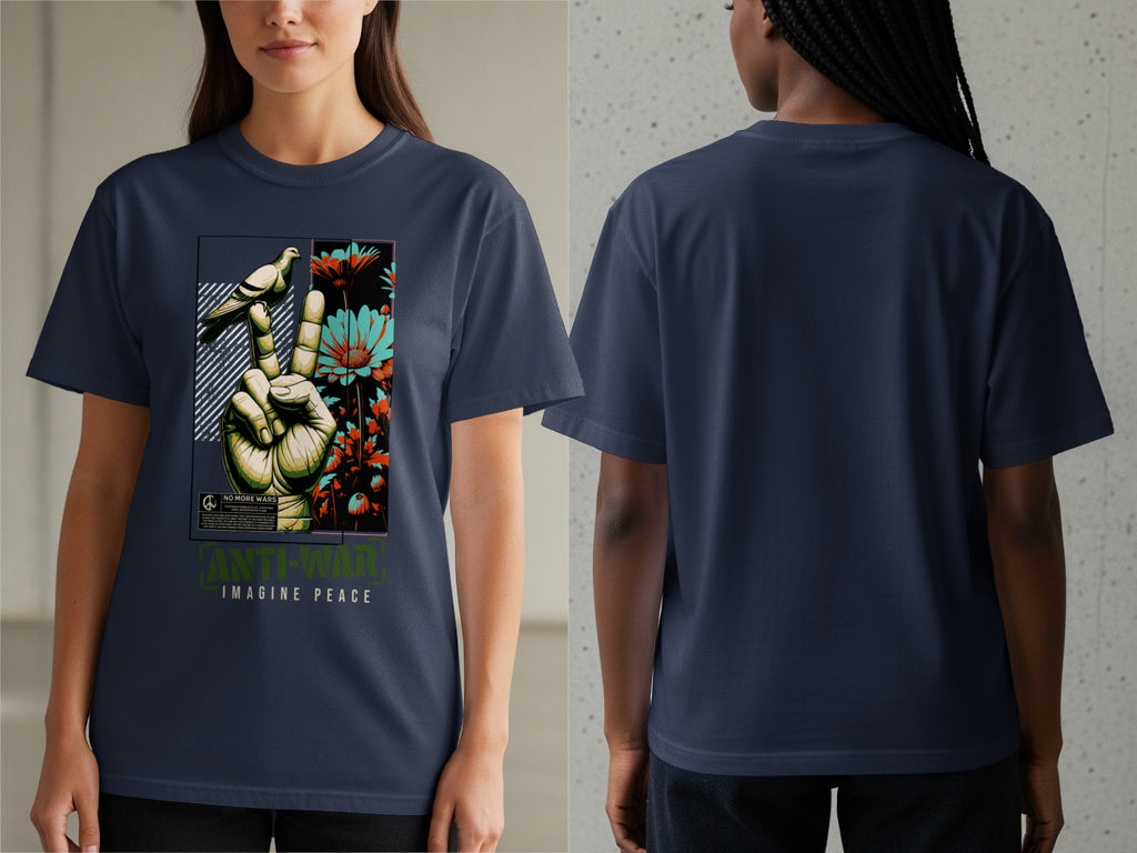Navy t-shirt featuring a peace sign with a dove, flowers, and text "Imagine Peace."