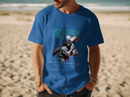 Blue t-shirt with Jesus carrying the cross and the text "Take up your cross and follow me."