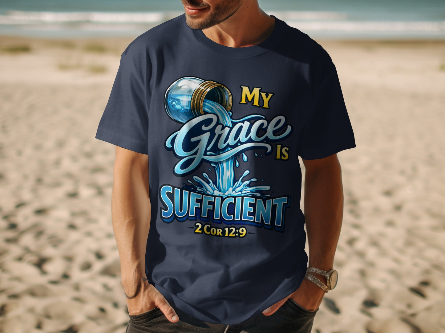 Navy t-shirt with "My Grace Is Sufficient" and "2 Cor 12:9" text.