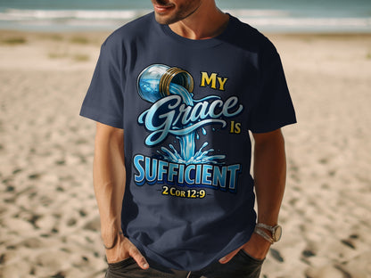 Navy t-shirt with "My Grace Is Sufficient" and "2 Cor 12:9" text.