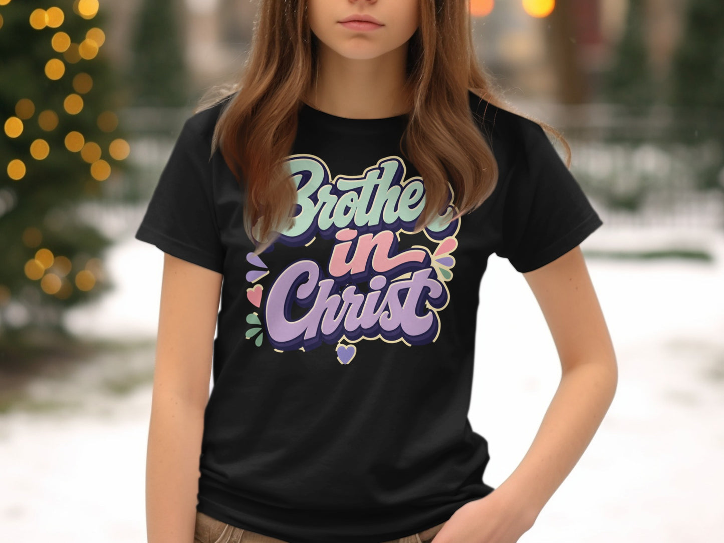 Black t-shirt with colorful "Brothers in Christ" text and hearts.