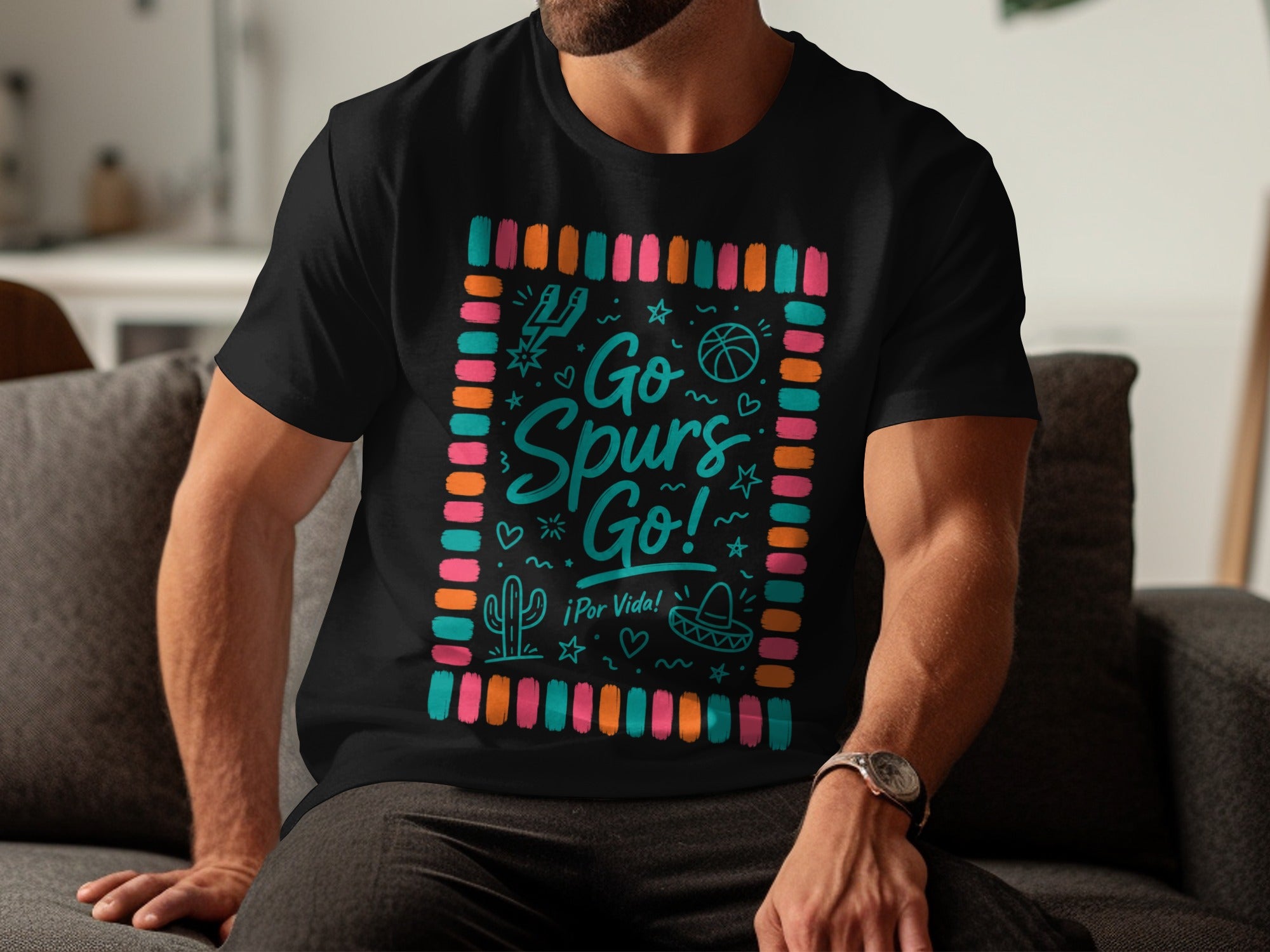 Black t-shirt with colorful border and "Go Spurs Go!" graphic.