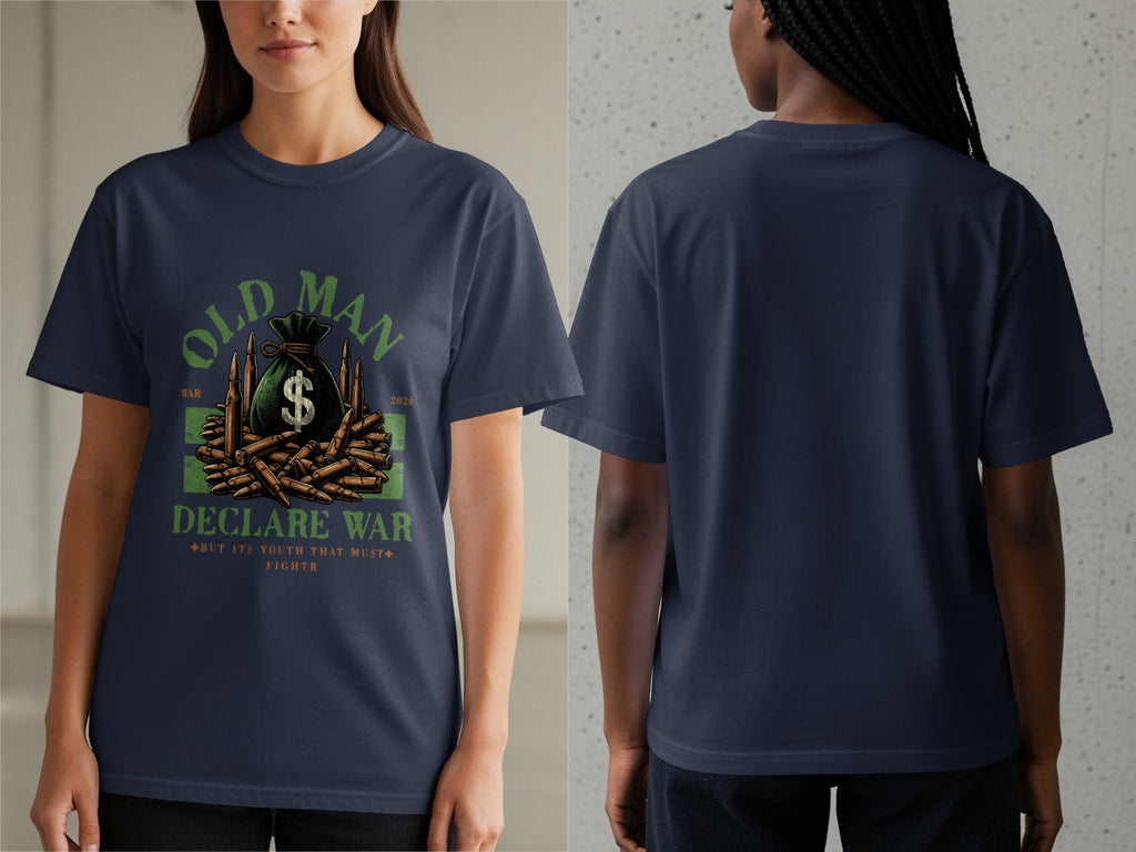 Navy t-shirt with "Old Man Declare War" graphic and bullet imagery.