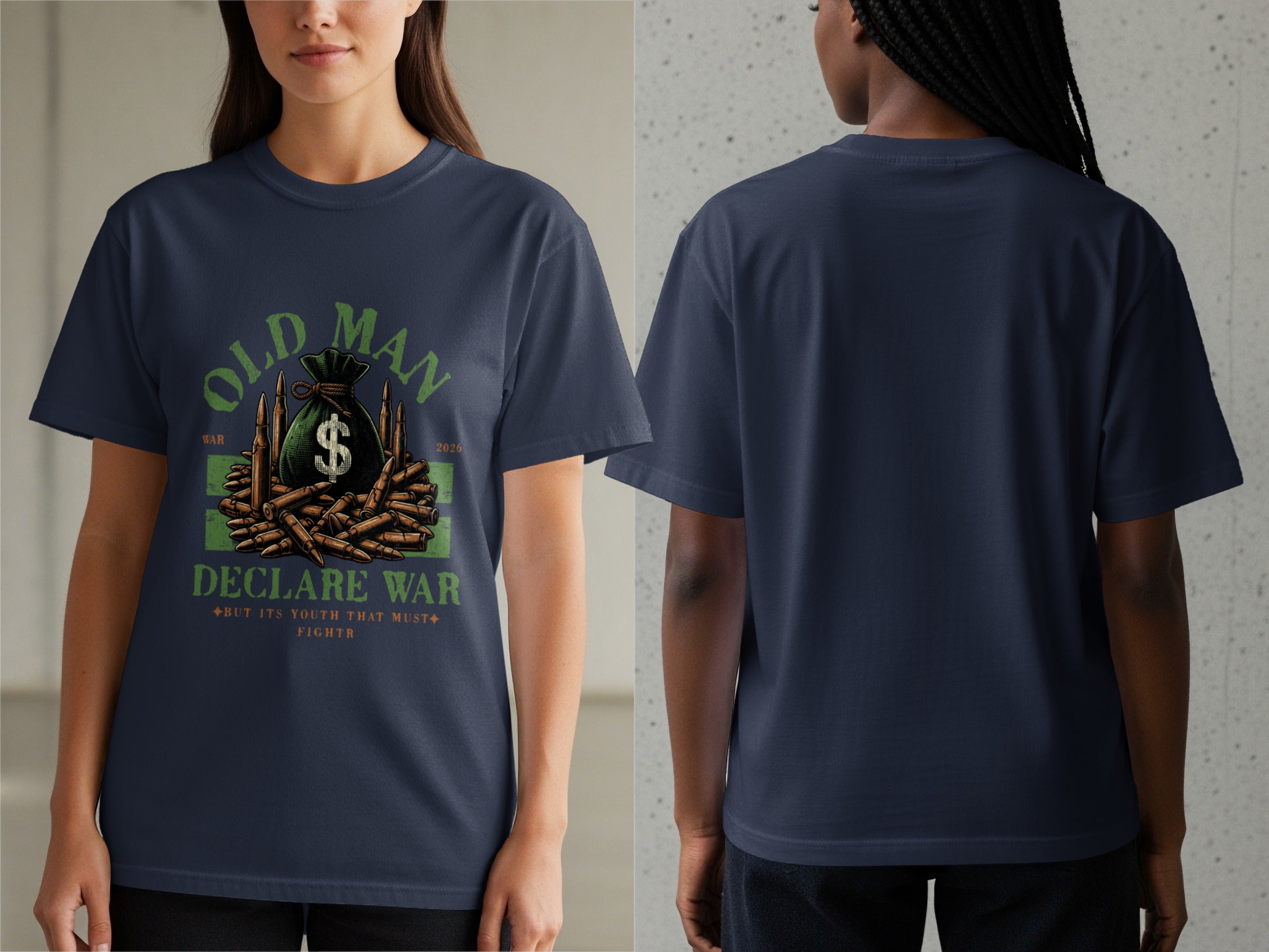 Navy t-shirt with "Old Man Declare War" graphic and bullet imagery.