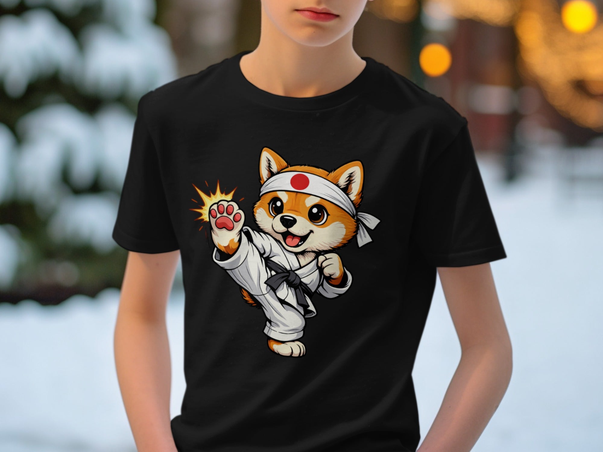 Black t-shirt featuring a cartoon Shiba Inu in a karate uniform performing a kick.