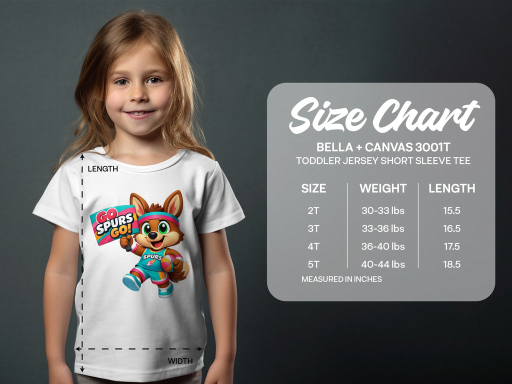 Girl wearing white t-shirt with cartoon fox holding "GO SPURS GO!" sign and basketball. Size chart in background.