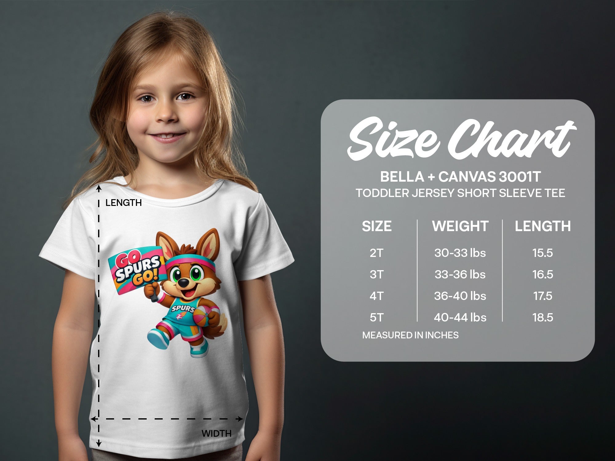 Girl wearing white t-shirt with cartoon fox holding "GO SPURS GO!" sign and basketball. Size chart in background.