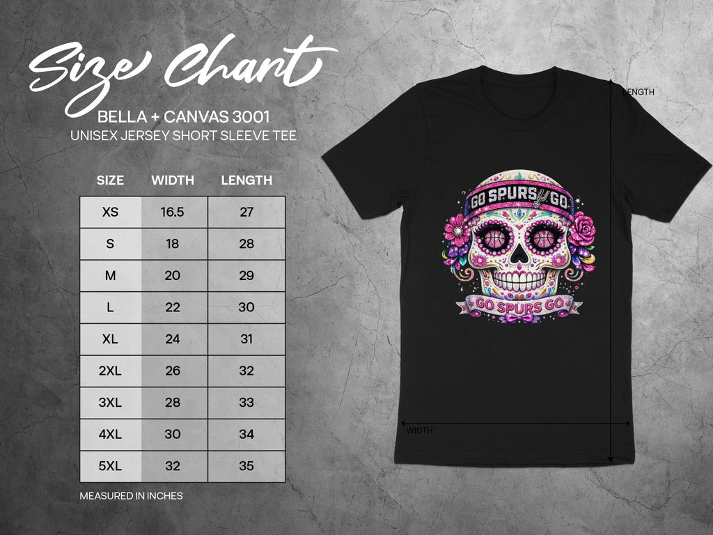 Bella + Canvas unisex t-shirt size chart and black tee with sugar skull design.