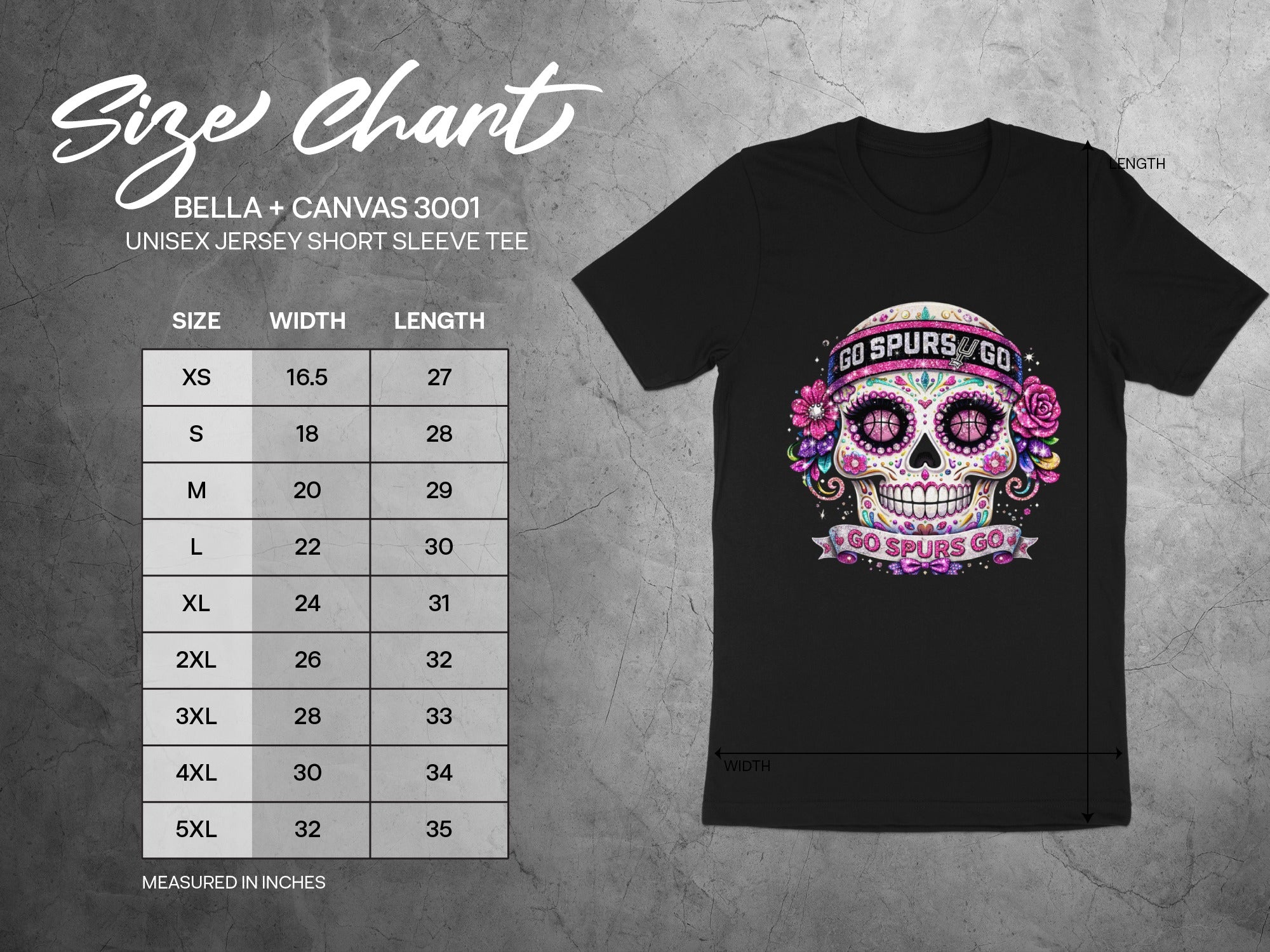 Bella + Canvas unisex t-shirt size chart and black tee with sugar skull design.