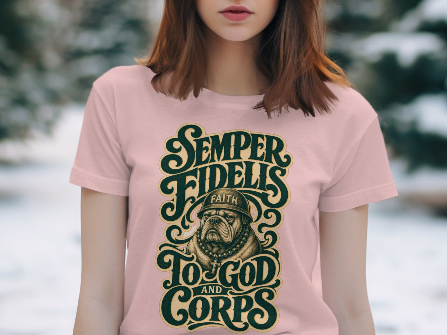 Pink t-shirt with bulldog graphic and text: Semper Fidelis, Faith, To God and Corps.