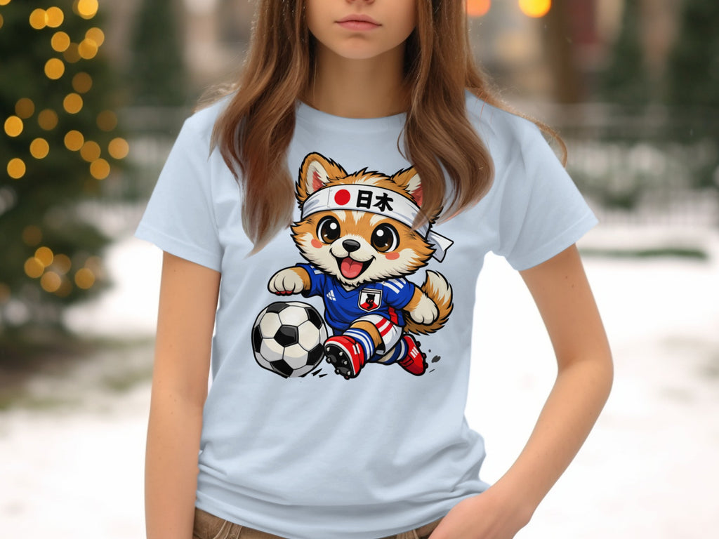 Cartoon Shiba Inu wearing Japan soccer jersey and headband with Japanese text.