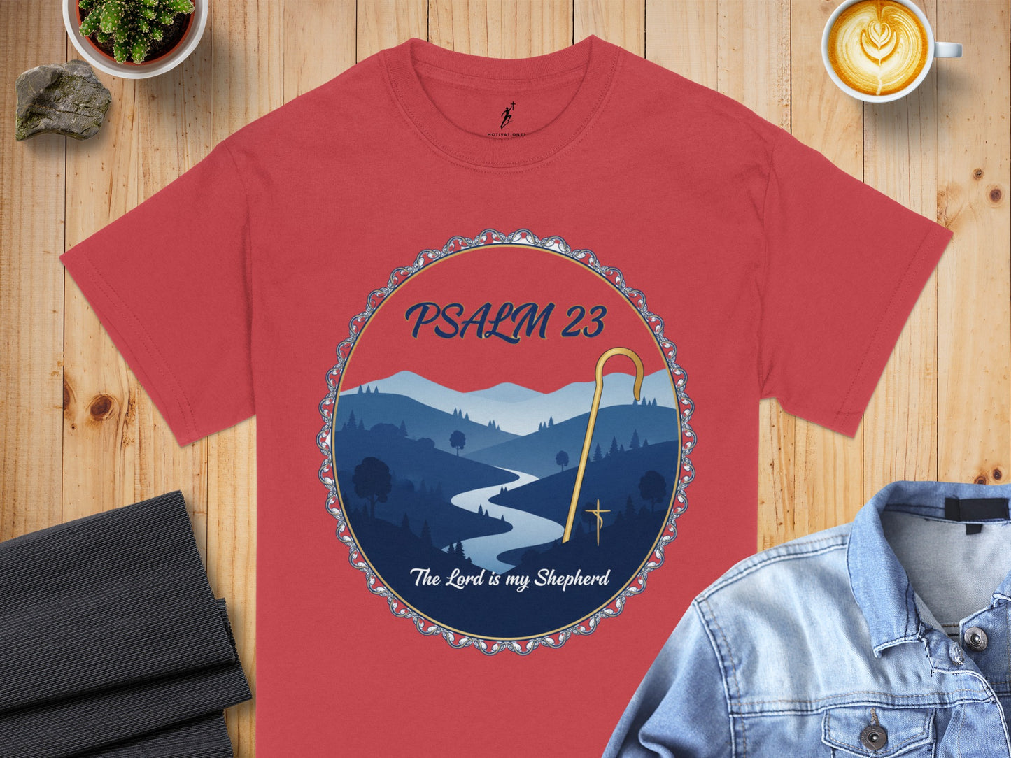Red t-shirt featuring "PSALM 23 The Lord is my Shepherd" with a landscape graphic.