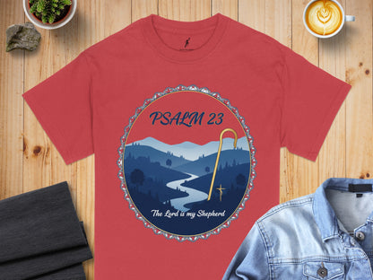 Red t-shirt featuring "PSALM 23 The Lord is my Shepherd" with a landscape graphic.