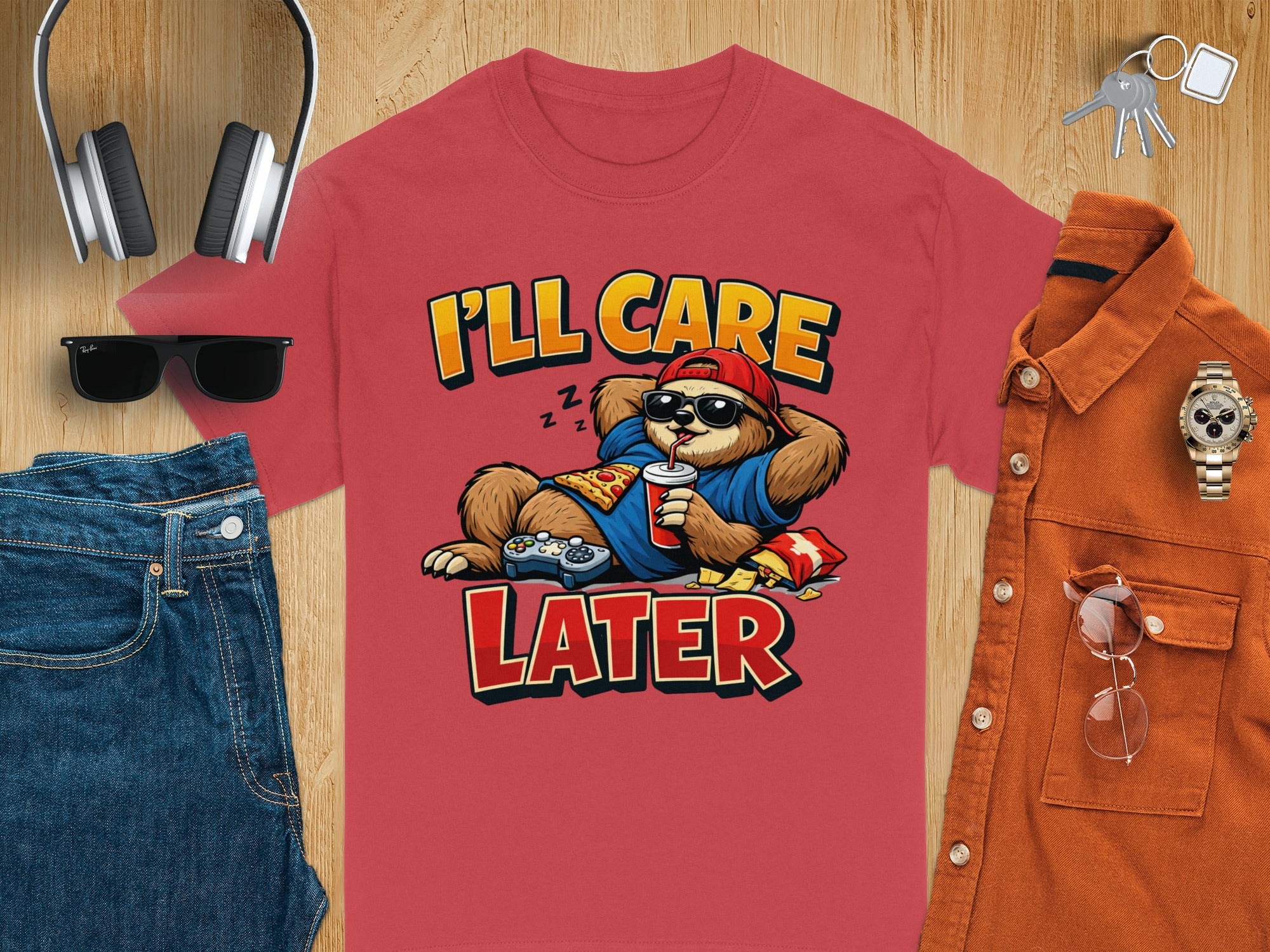 Red t-shirt with a sloth graphic that says, "I'll Care Later."