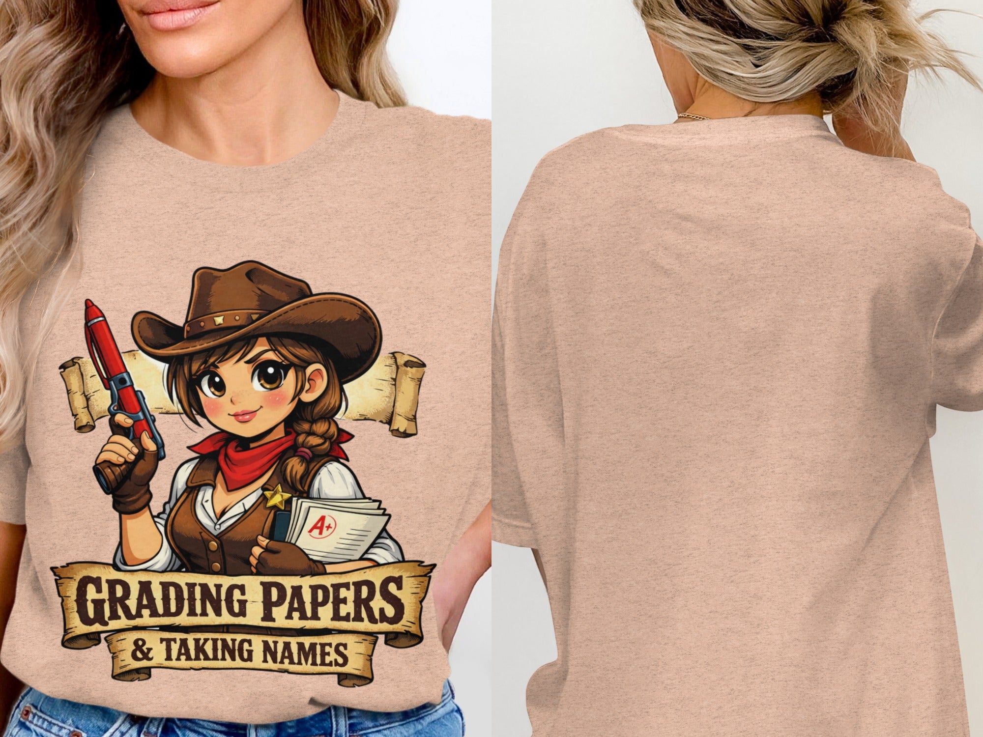 Cartoon cowgirl holding a red pen and grading papers, text reads "GRADING PAPERS & TAKING NAMES".