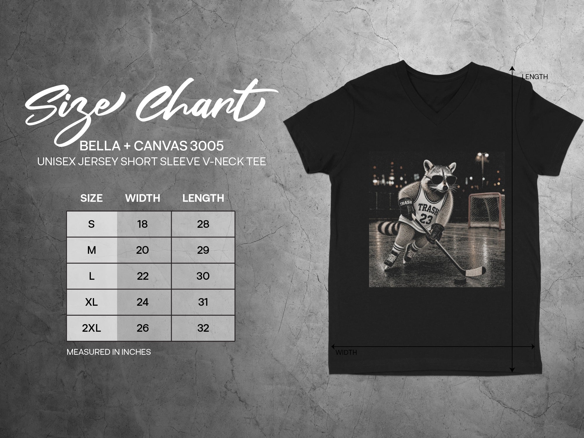 Bella + Canvas 3005 unisex jersey v-neck tee size chart with width and length measurements.
