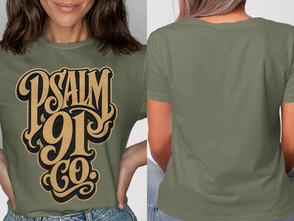 Green t-shirt with gold and black text reading "PSALM 91 CO."