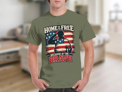 Khaki t-shirt with "Home of the Free Because of the Brave" graphic.