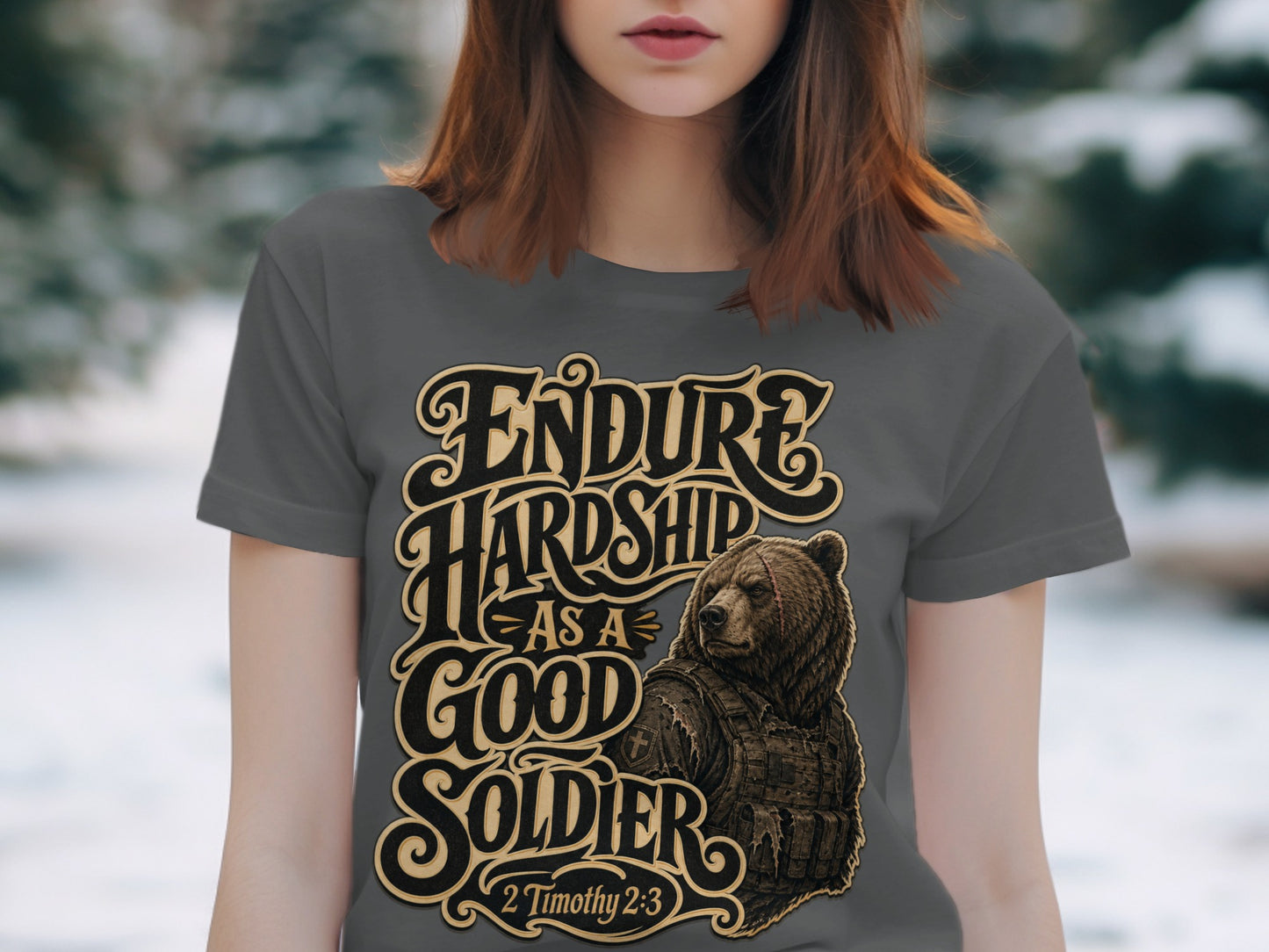 Gray t-shirt with a bear in tactical gear and text "Endure Hardship As A Good Soldier 2 Timothy 2:3".
