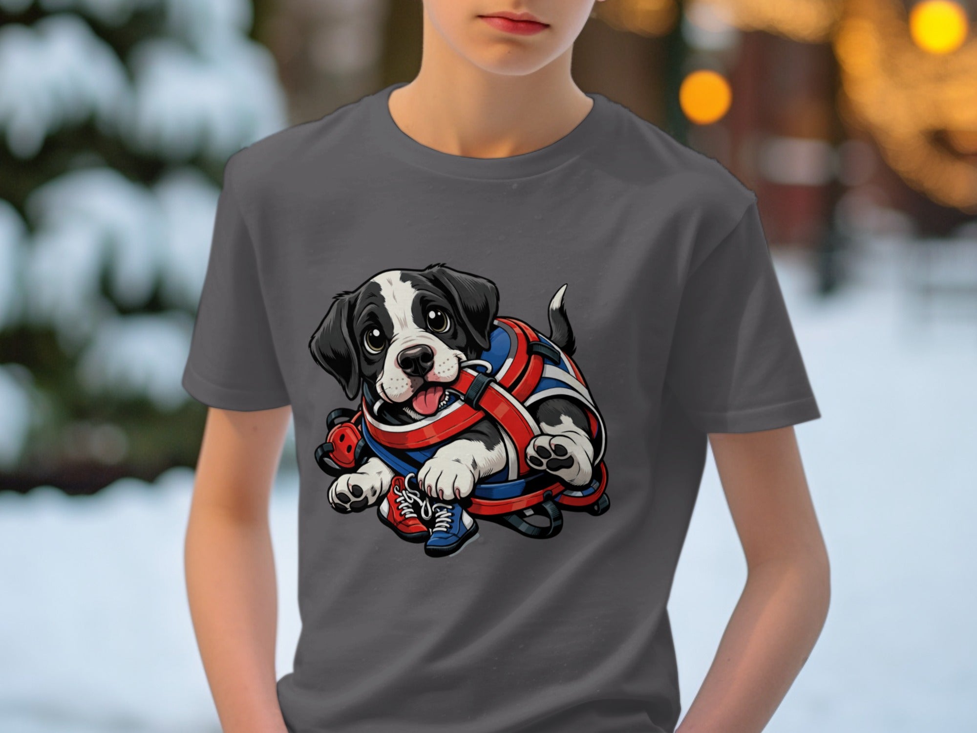 Black and white puppy wearing a red, white, and blue harness and sneakers.