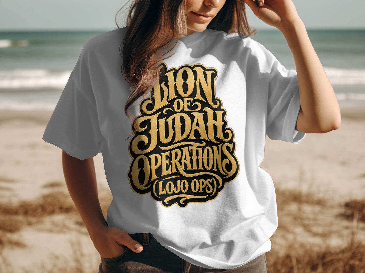 White t-shirt with "Lion of Judah Operations (LOJO OPS)" text in gold and black.