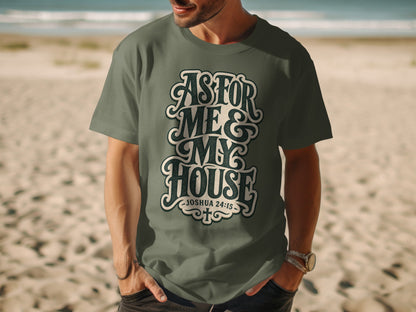 Green t-shirt with "As For Me & My House Joshua 24:15" text on beach.