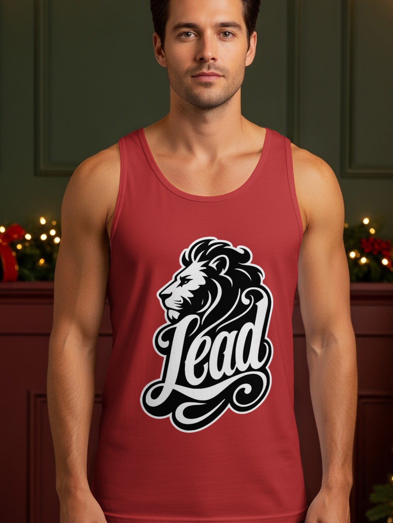 Red tank top with lion graphic and "Lead" text.