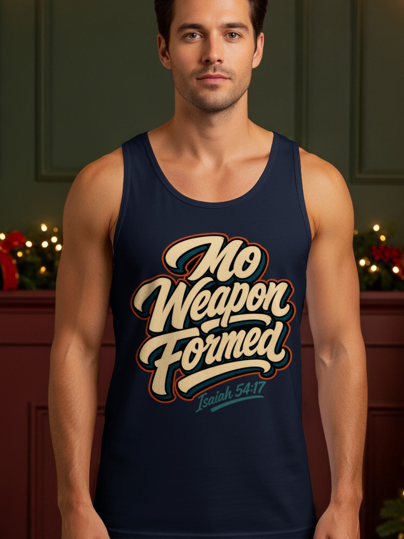 Navy tank top with "No Weapon Formed" and "Isaiah 54:17" text.