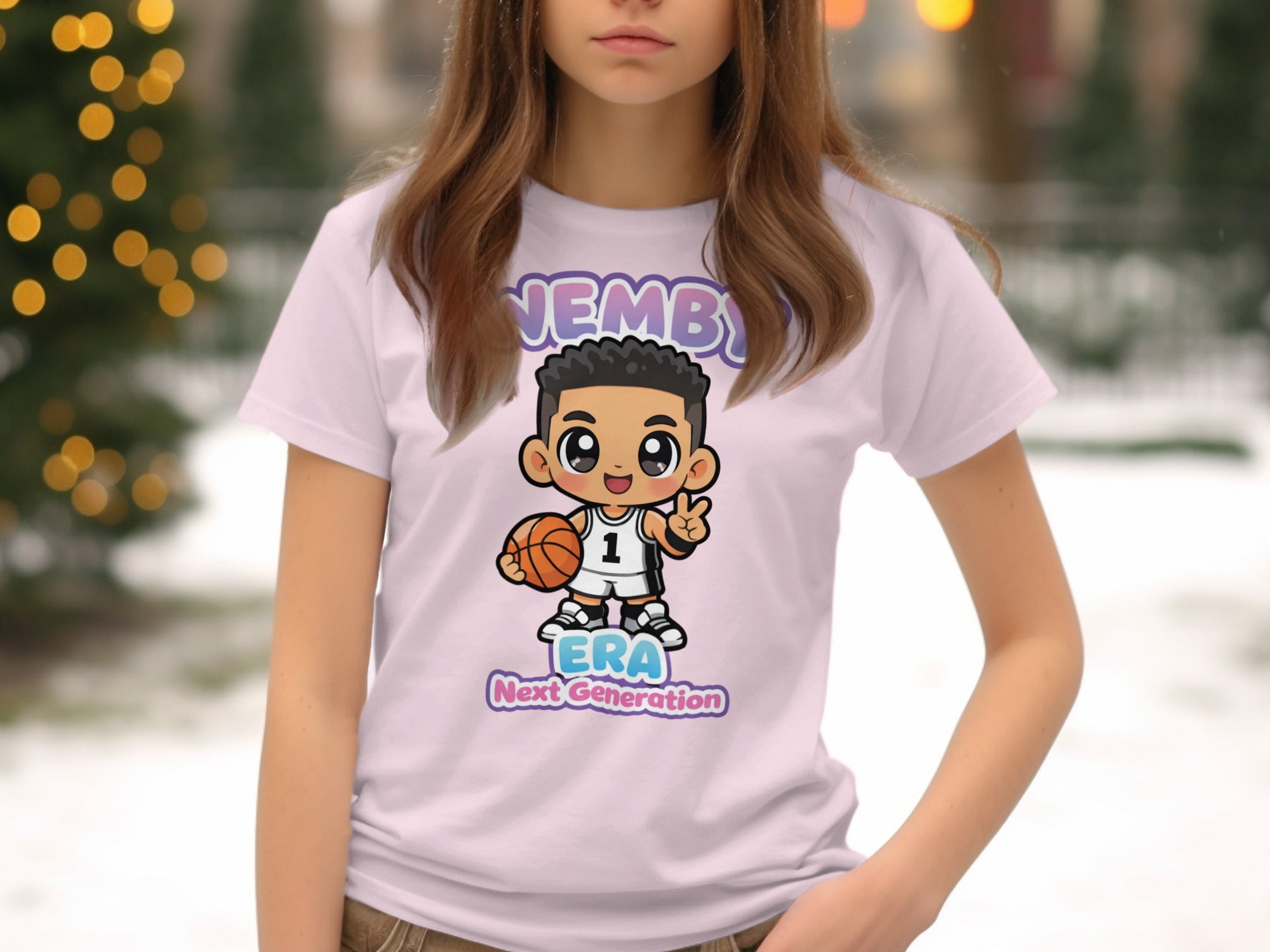 Light pink t-shirt with chibi basketball player graphic and text "NEMBY ERA Next Generation".