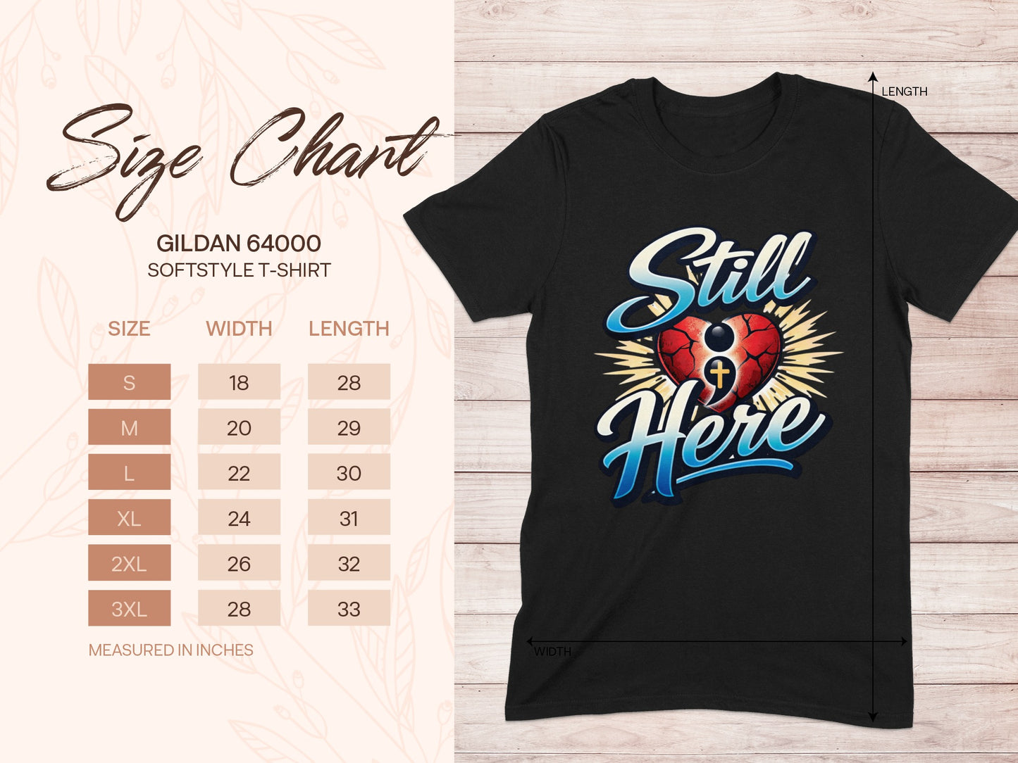 Gildan 64000 Softstyle t-shirt size chart with dimensions measured in inches.
