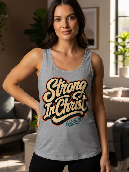 Gray tank top with "Strong In Christ" and "Eph 6:10" text.