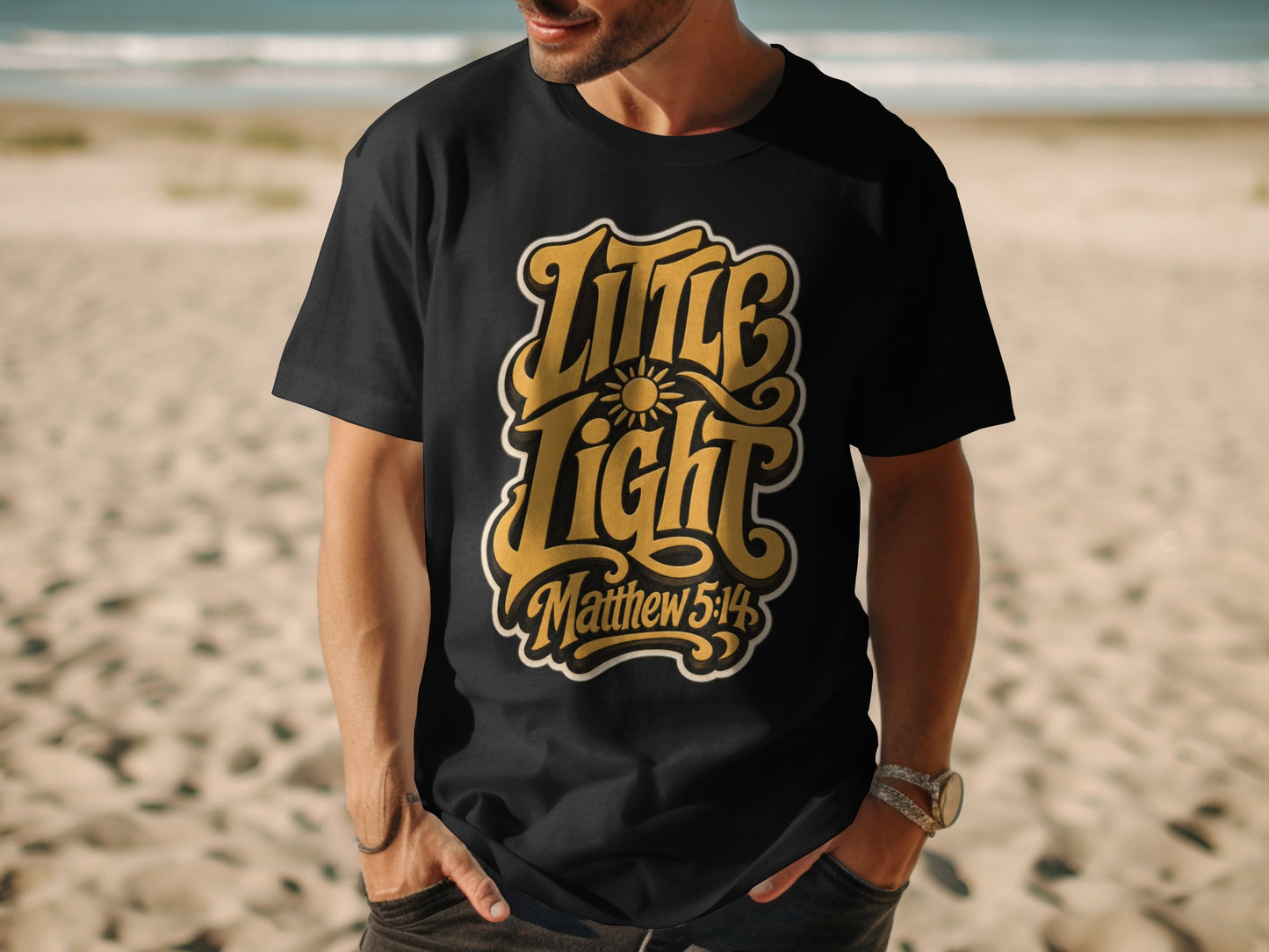 Black t-shirt with yellow text "Little Light Matthew 5:14" and a sun graphic.