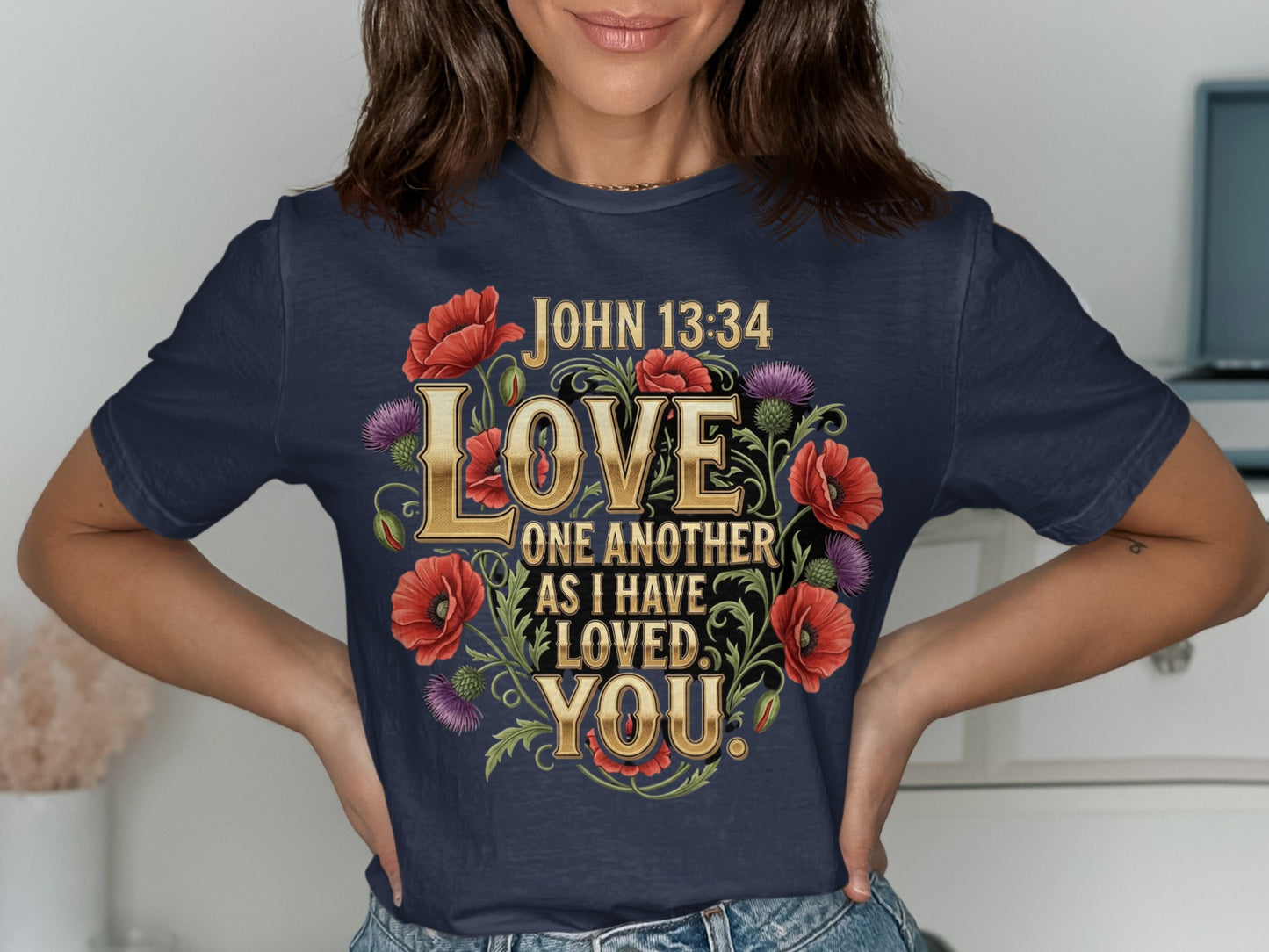 Dark blue t-shirt with John 13:34 scripture and floral design.