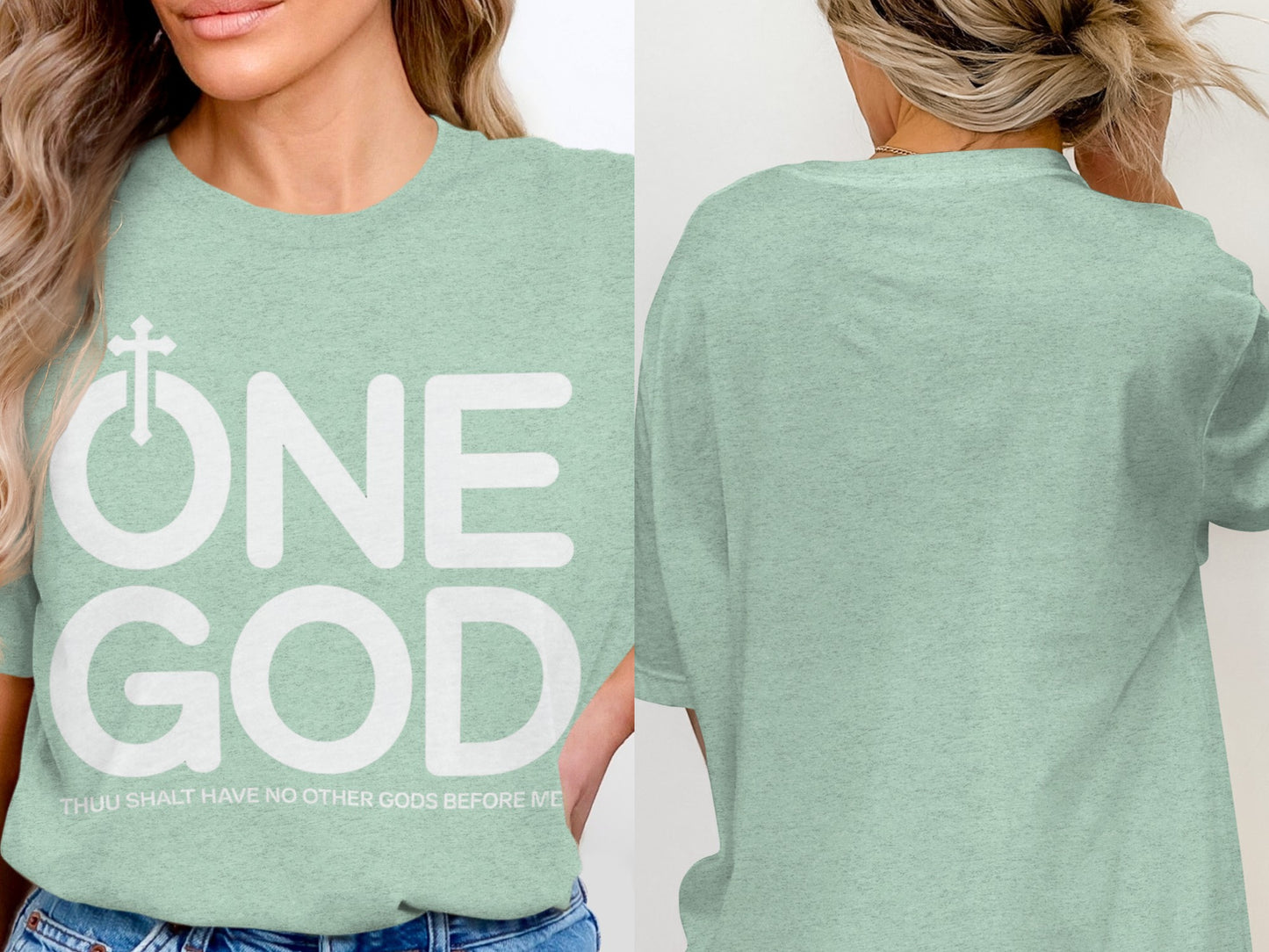 Light green t-shirt with "ONE GOD" and a cross graphic, scripture text below.