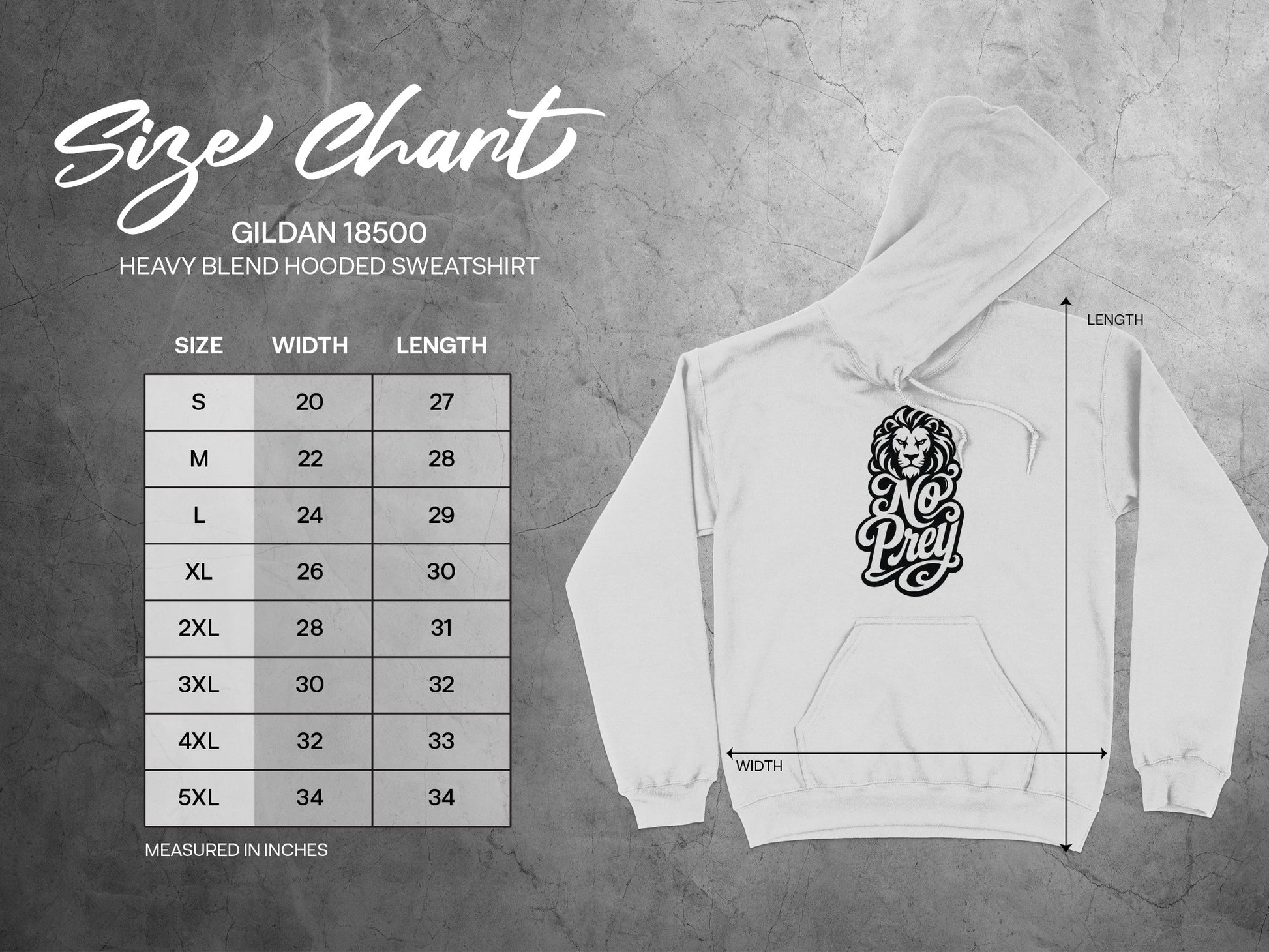 Gildan 18500 Heavy Blend Hooded Sweatshirt size chart with dimensions in inches.